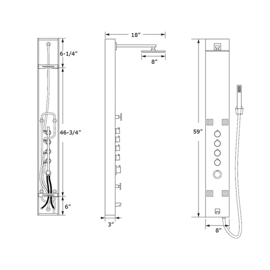 Blue Ocean 59” Stainless Steel SPS8819 Thermostatic Shower Panel Column System with Rainfall Shower Head, Body Nozzles, and Handheld Shower Head. Shower Tower