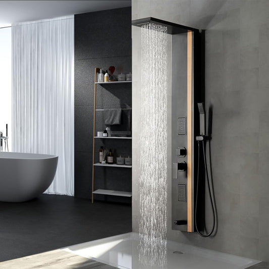 Bathfinesse Shower Wall Panels Bathroom Shower Panel Tower System Multifunction Bamboo Wood and Stainless Steel Body Spray Jets Rainfall Waterfall Head with Handheld Wand and Tub Spout Wall Mount