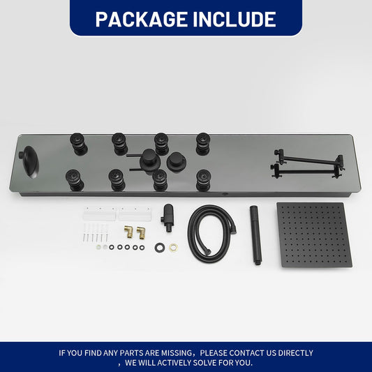 BWE Stainless Steel Shower Panel Tower System,Multi-Function Tempered Glass Shower Panel,Rainfall Shower Head Sprayer 8-Massage Jets with Tub Spout Hand Shower for Home Hotel Resort Split Type Black