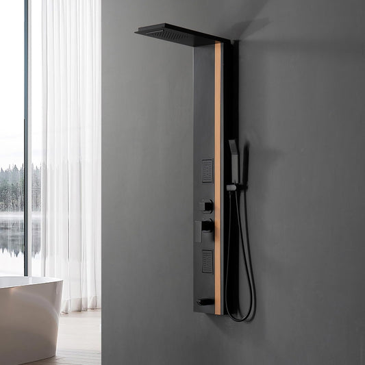 Bathfinesse Shower Wall Panels Bathroom Shower Panel Tower System Multifunction Bamboo Wood and Stainless Steel Body Spray Jets Rainfall Waterfall Head with Handheld Wand and Tub Spout Wall Mount