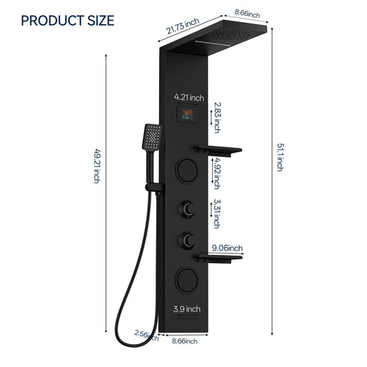 Homevacious 4 In 1 Shower Panel Shelf LED Rainfall Shower Head and Adjustable Massage Body Jets 3-Functions with Handheld Shower Tub Spout Stainless Steel Bathroom Shower Fixtures Matte Black