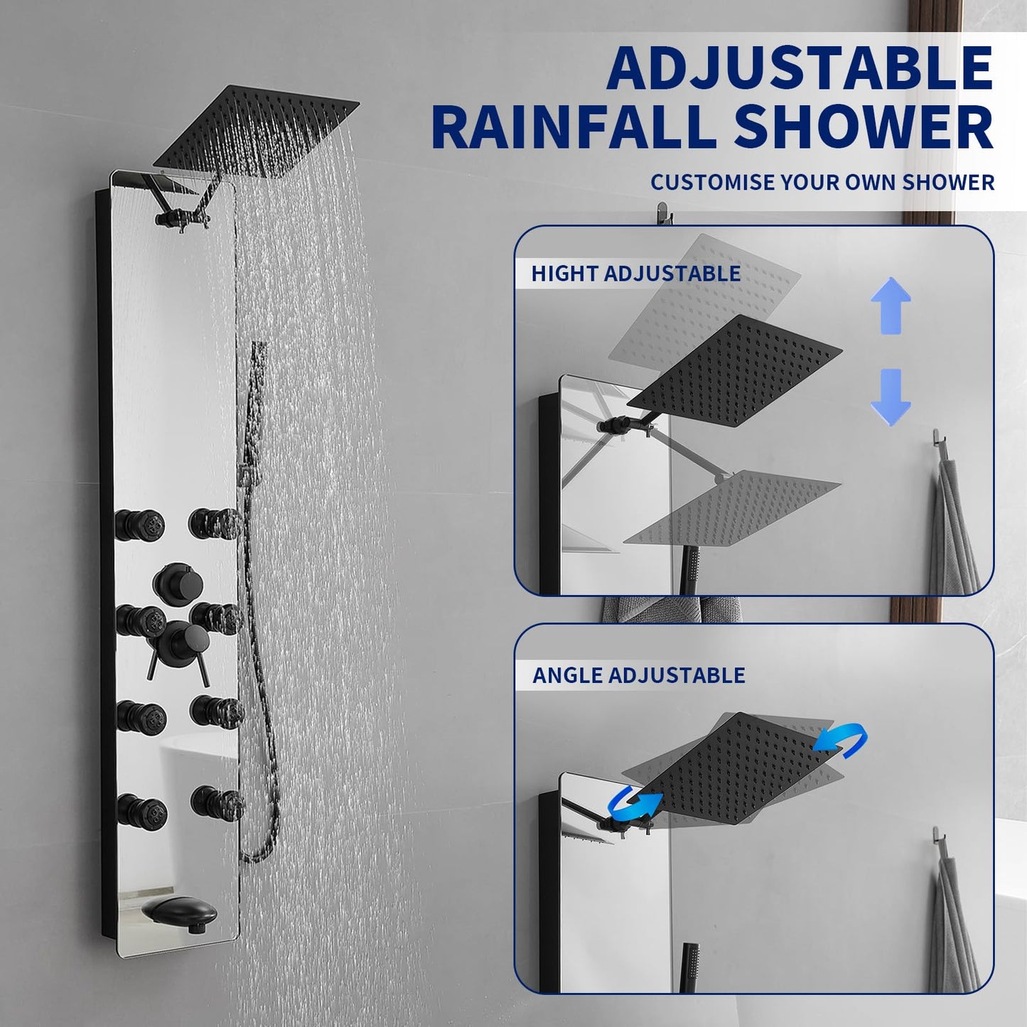 BWE Stainless Steel Shower Panel Tower System,Multi-Function Tempered Glass Shower Panel,Rainfall Shower Head Sprayer 8-Massage Jets with Tub Spout Hand Shower for Home Hotel Resort Split Type Black
