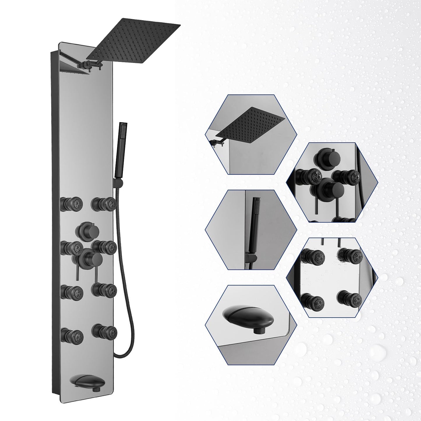 BWE Stainless Steel Shower Panel Tower System,Multi-Function Tempered Glass Shower Panel,Rainfall Shower Head Sprayer 8-Massage Jets with Tub Spout Hand Shower for Home Hotel Resort Split Type Black