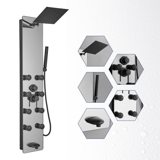 BWE Stainless Steel Shower Panel Tower System,Multi-Function Tempered Glass Shower Panel,Rainfall Shower Head Sprayer 8-Massage Jets with Tub Spout Hand Shower for Home Hotel Resort Split Type Black