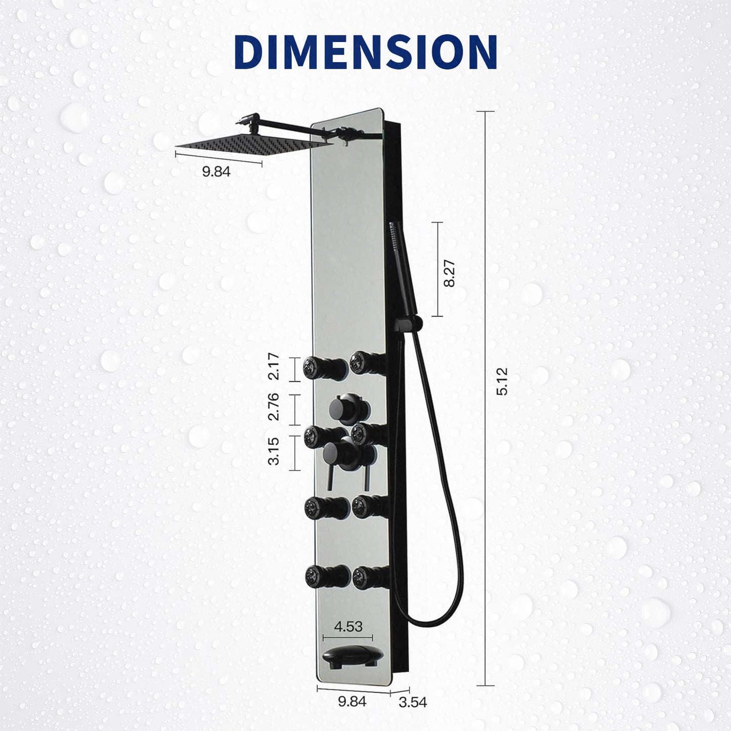 BWE Stainless Steel Shower Panel Tower System,Multi-Function Tempered Glass Shower Panel,Rainfall Shower Head Sprayer 8-Massage Jets with Tub Spout Hand Shower for Home Hotel Resort Split Type Black