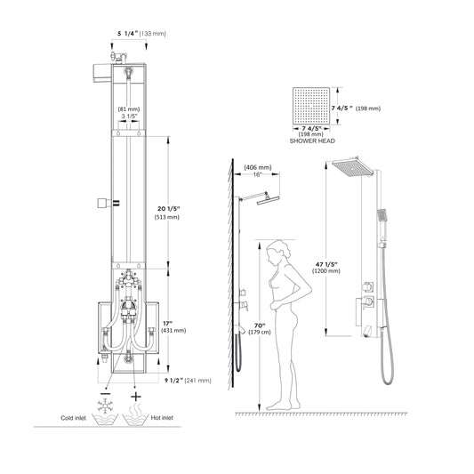Blue Ocean 48" Stainless Steel SPS822A Shower Panel Tower with Rainfall Shower Head and Spout