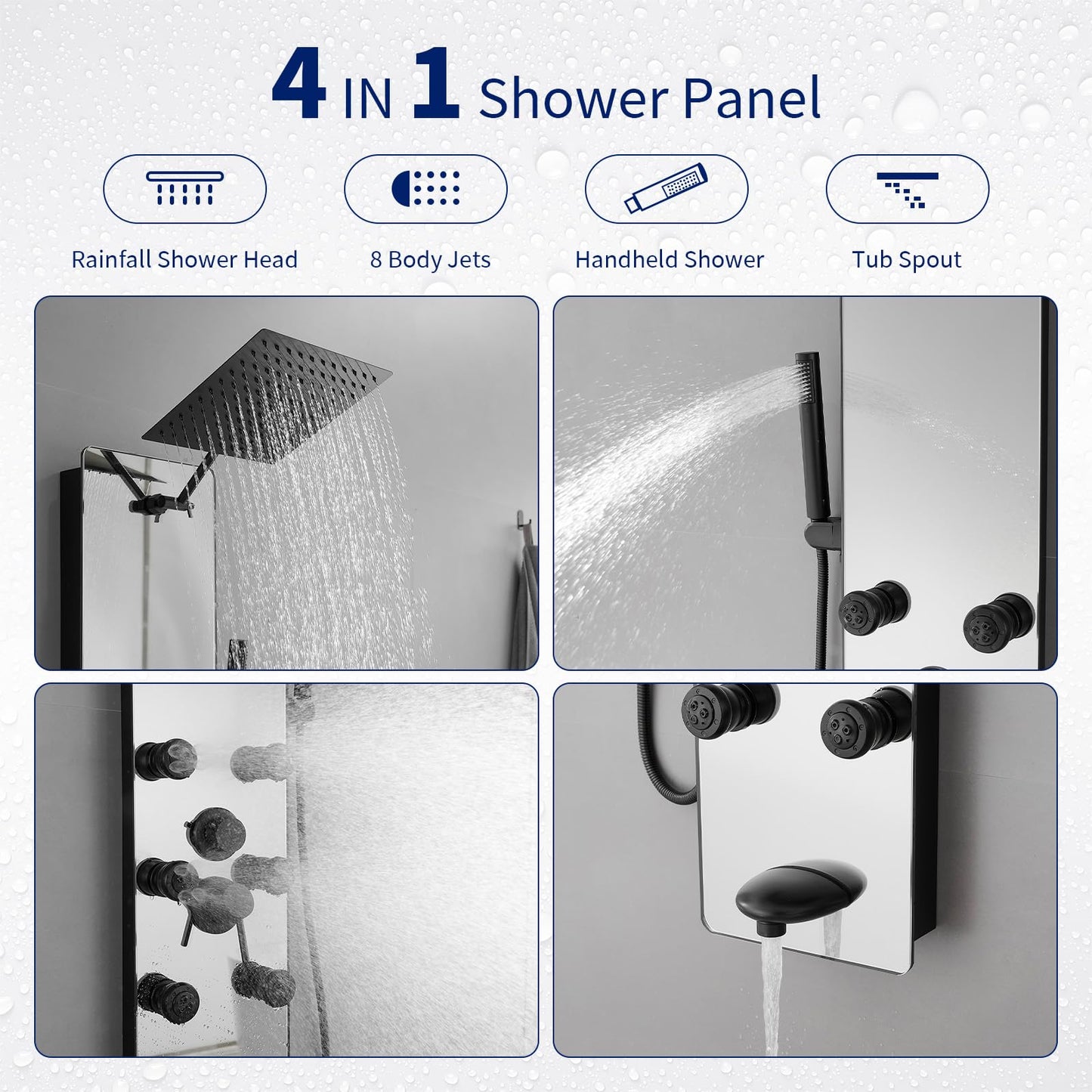 BWE Stainless Steel Shower Panel Tower System,Multi-Function Tempered Glass Shower Panel,Rainfall Shower Head Sprayer 8-Massage Jets with Tub Spout Hand Shower for Home Hotel Resort Split Type Black