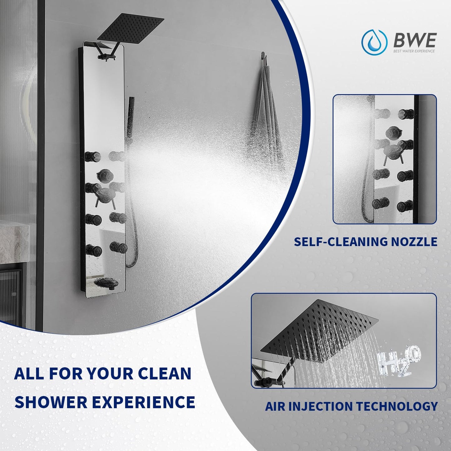BWE Stainless Steel Shower Panel Tower System,Multi-Function Tempered Glass Shower Panel,Rainfall Shower Head Sprayer 8-Massage Jets with Tub Spout Hand Shower for Home Hotel Resort Split Type Black